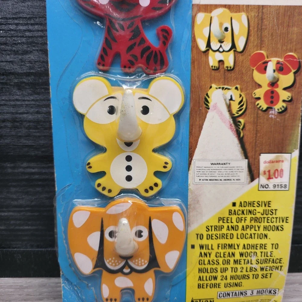 Vintage 1978 Action Maid Animal Self Adhesive Hooks Elephant Tiger Bear Set 3